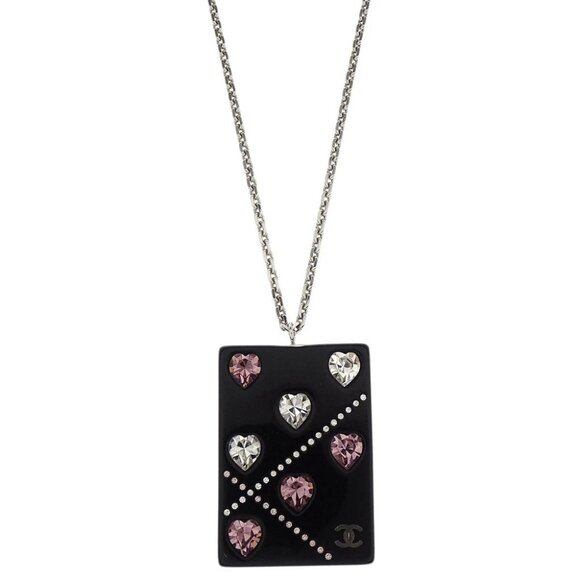 Chanel Silver Acrylic Rectangle Pendant Necklace Rhinestone - Picture 1 of 4